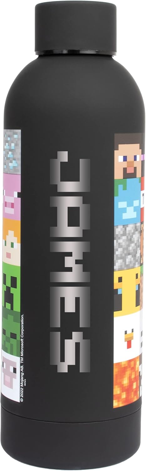 Minecraft - Garrafas de água personalizadas para crianças - Garrafa de água de aço inoxidável - Garrafa de água à prova de vazamentos - Garrafa de água sem BPA - 700ML - Preto