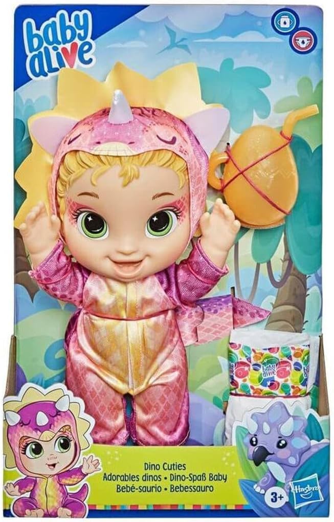 Boneca Baby Alive Dino Cuties, Triceratops, acessórios para bonecas, bebidas, molhados, brinquedo de dinossauro Triceratops para crianças de 3 anos ou mais, cabelo loiro