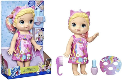 Baby Alive F3564 Baby Beauty Doll 32,5 cm Tema Unicórnio Maquiagem e Unhas Mágicas, Cabelo Loiro, Crianças