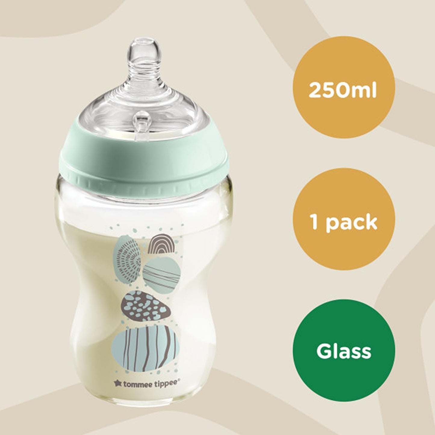 Tommee Tippee Closer to Nature Mamadeira de vidro, tetina semelhante a um peito de fluxo lento com válvula anticólica, 250ml, pacote com 1, panda azul