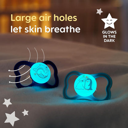 MAM Chupetas Air Night para mais de 16 meses (pacote com 2), chupetas para bebês que brilham no escuro com estojo de viagem autoesterilizante, itens essenciais para recém-nascidos, azul, (os designs podem variar)