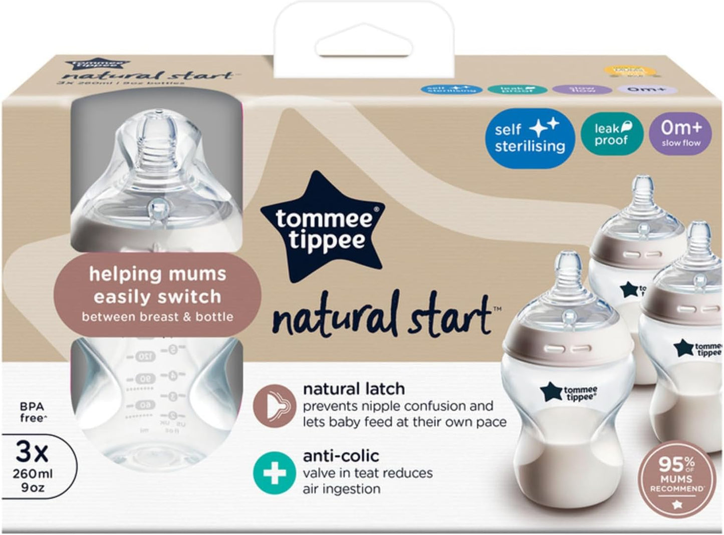 Tommee Tippee Natural Start Biberón anticólicos, 260 ml, 0+ meses, tetina de flujo lento similar al pecho para cierre natural, válvula anticólicos, autoesterilizante, paquete de 3