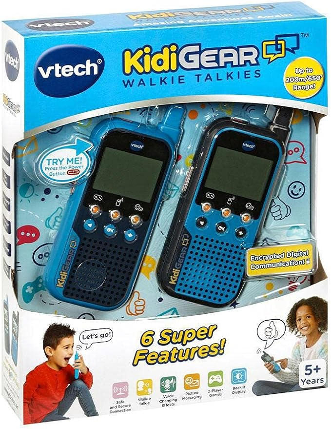 VTech KidiGear Walkie Talkies Explorer, Walkie Talkies externos com conexão digital segura, tocha, efeitos de voz, animações e jogos, brinquedo para crianças de 5, 6, 7 anos ou mais, versão em inglês