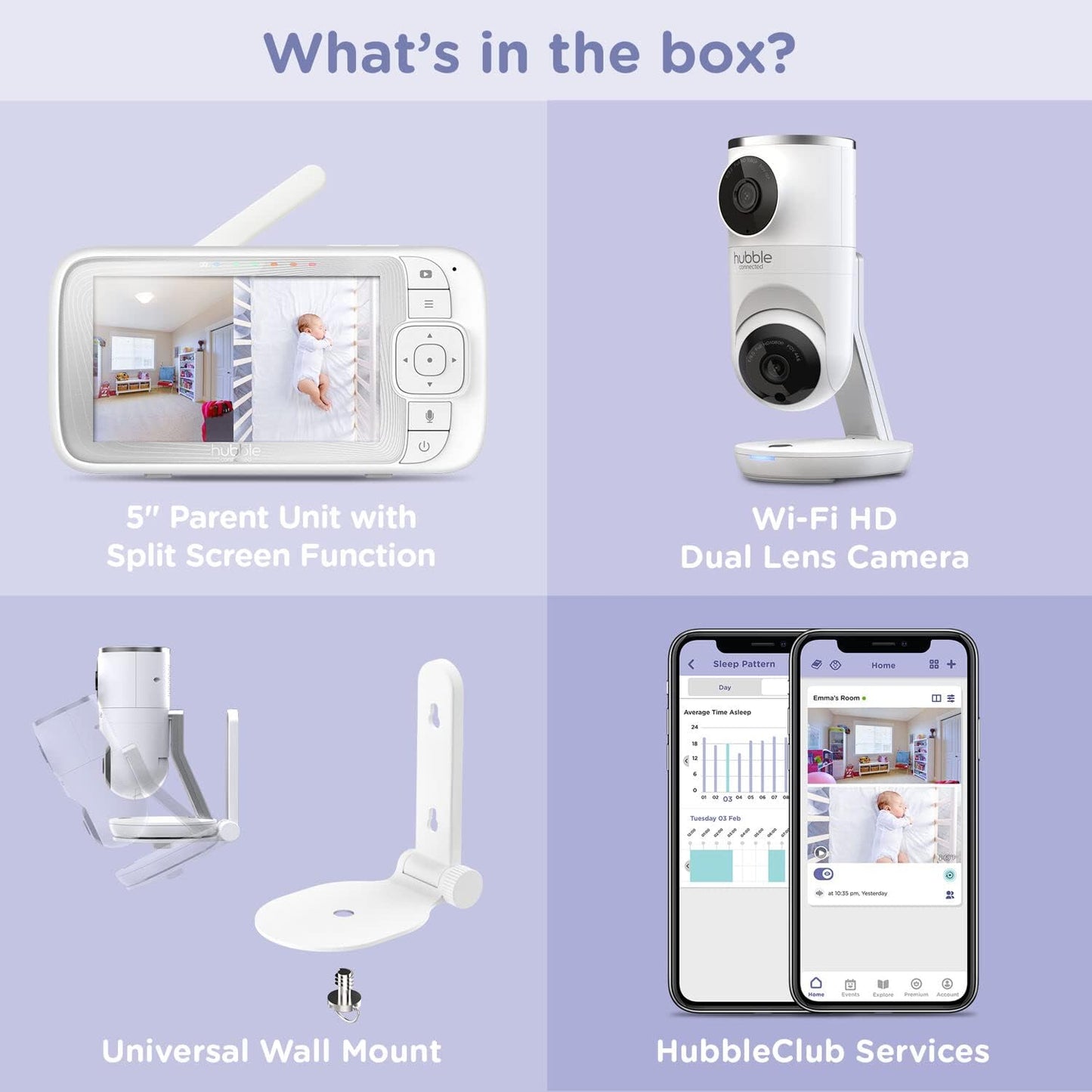 HUBBLE CONNECTED Monitor de bebê com câmera dupla inteligente de visão dupla, tela HD de 5", Nursery Pal Remote Pan Tilt Zoom, conversa bidirecional, rastreamento de movimento AI, visão noturna, sensor de temperatura ambiente, câmera WiFi para bebê