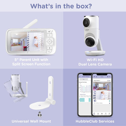 HUBBLE CONNECTED Monitor de bebê com câmera dupla inteligente de visão dupla, tela HD de 5", Nursery Pal Remote Pan Tilt Zoom, conversa bidirecional, rastreamento de movimento AI, visão noturna, sensor de temperatura ambiente, câmera WiFi para bebê