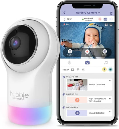 Hubble Connected Câmera infantil Nursery Pal Glow Smart HD para bebês com luz noturna de 7 cores, sensor de temperatura ambiente, zoom panorâmico e inclinação remoto, conversa bidirecional, visão noturna, câmera WiFi para bebês com