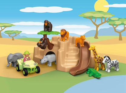 Playmobil 71594 1.2.3: Aventura na vida selvagem, com vários animais, quadriciclo e escorregador, brinquedo educativo para crianças pequenas descobrirem funções básicas, conjunto adequado para crianças a partir de 12 meses