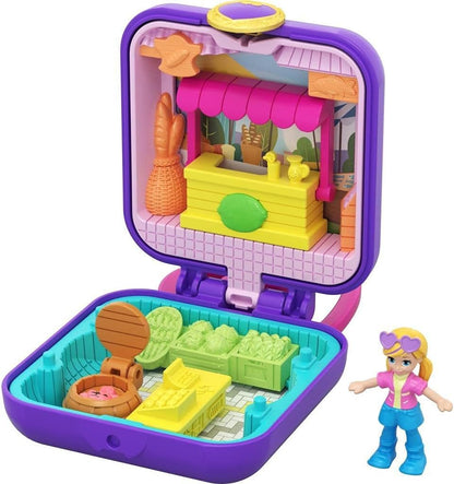 Polly Pocket™ Tiny Pocket Places Polly™ Farmer's Market Compact com barraca de limonada removível, personalização de fotos, revelações, boneca Micro Polly™ e folha de adesivos