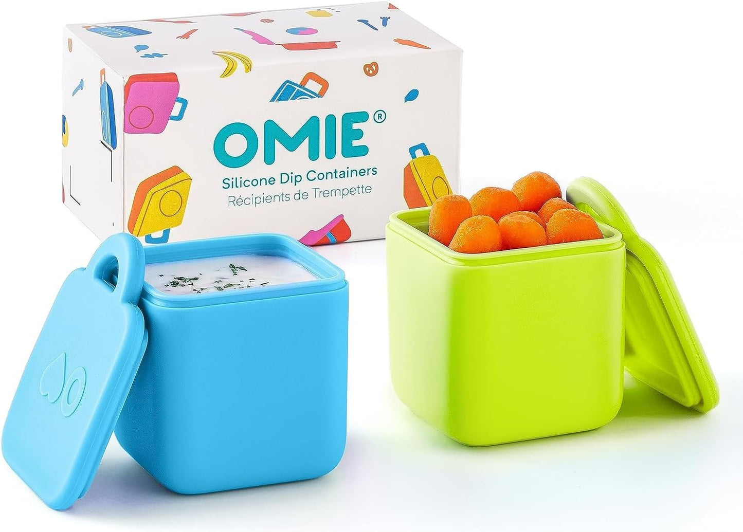 Omie Caixa (2 pacotes) Recipientes de mergulho à prova de vazamentos para viagem, Recipiente de molho para salada, Recipientes de condimentos com tampas - Silicone seguro para alimentos - 4 onças (azul/limão)