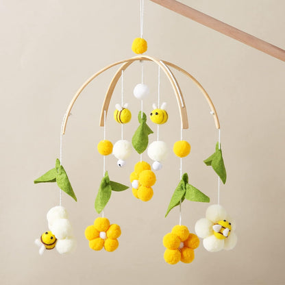 Let's Make Móvil de madera para bebé con bolas, flores + hojas verdes + carillón de viento de abeja, móvil para niños y niñas, regalo fresco para decoración del hogar (abeja)