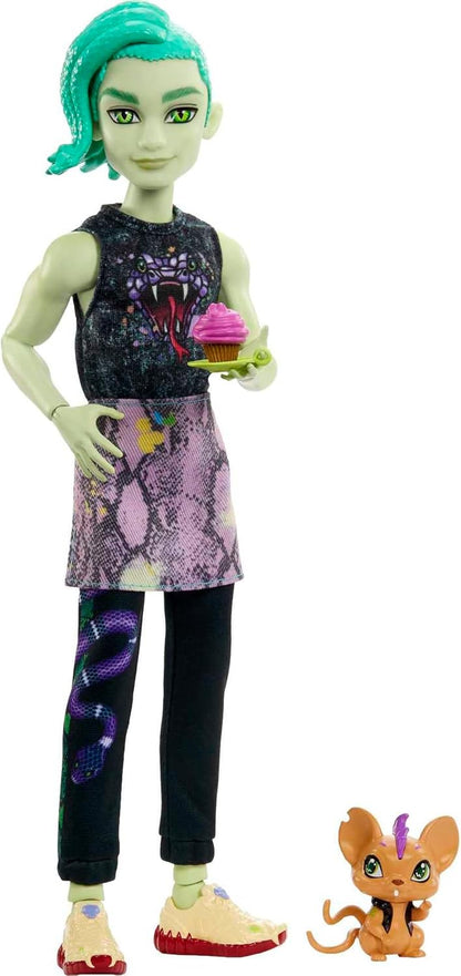 Monster High Boneca posável Deuce Gorgon, animal de estimação e acessórios, jaqueta jeans de cobra, óculos de sol coloridos, brinquedos infantis, conjunto de presente