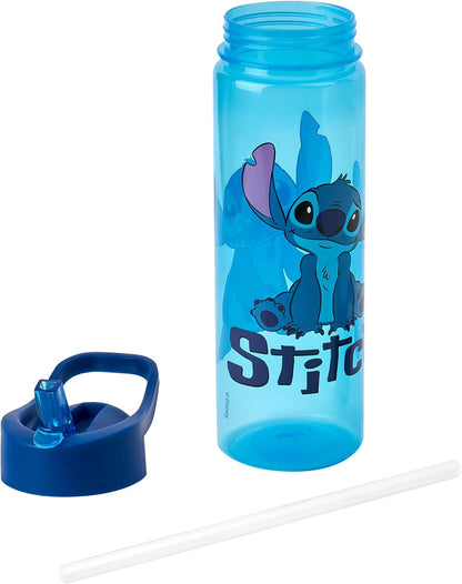 Botella de agua Disney Stitch con pajita abatible de 600 ml - Productos oficiales Polar Gear - Reutilizable para niños, antiderrames, sin BPA, plástico reciclable, ideal para la escuela, guardería, deportes, picnic, azul