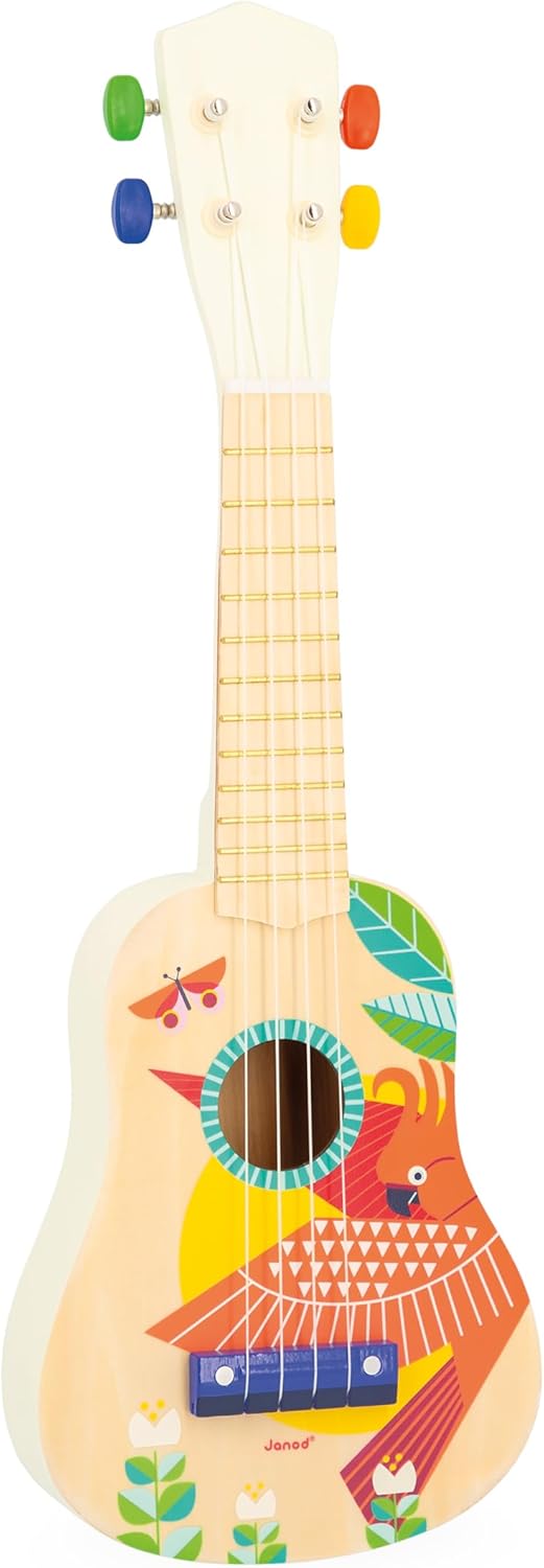 Janod - Ukulele de madeira Gioia - Instrumento musical infantil - Brinquedo de despertar musical - Tinta à base de água - 3 anos +,