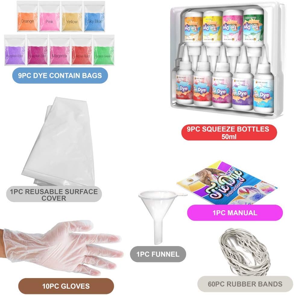 Deluxe Desire Kit Tie Dye – Conjunto de 9 cores de tinta para tingir tecidos, roupas – Kits de Tie Dye de artesanato criativo Jogos de atividades para adultos e crianças