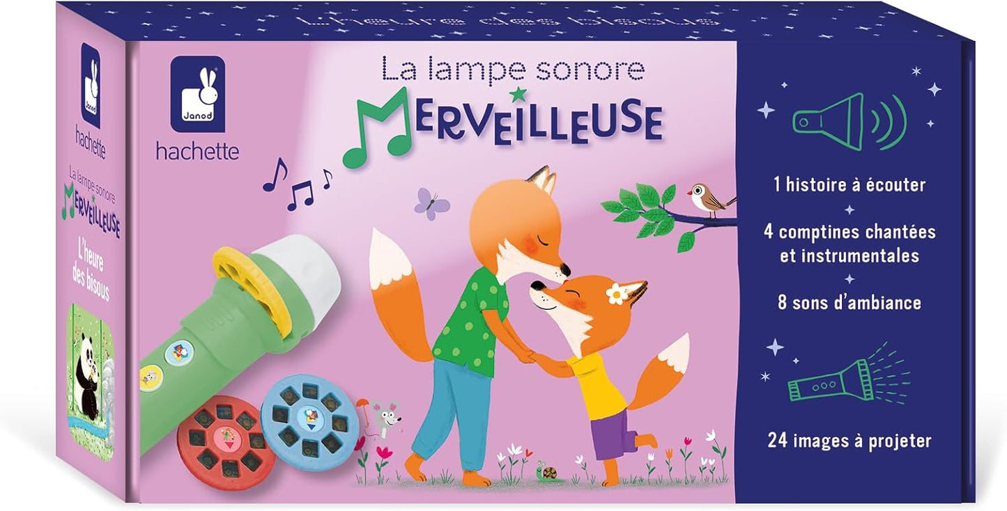 Janod - Maravillosa lámpara de sonido - L'Heure des Kisses - Lámpara de cuento infantil disponible en 4 universos - Caja de cuentos infantil evolutiva - Actividad infantil 3+