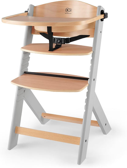 Kinderkraft NECK Trona de Madera 3 en 1, Silla Bebé Multifuncional, Altura Regulable y Reposapiés, Cinturón de Seguridad, con Bandeja Extraíble, para Niños hasta 10 Años, Madera Gris