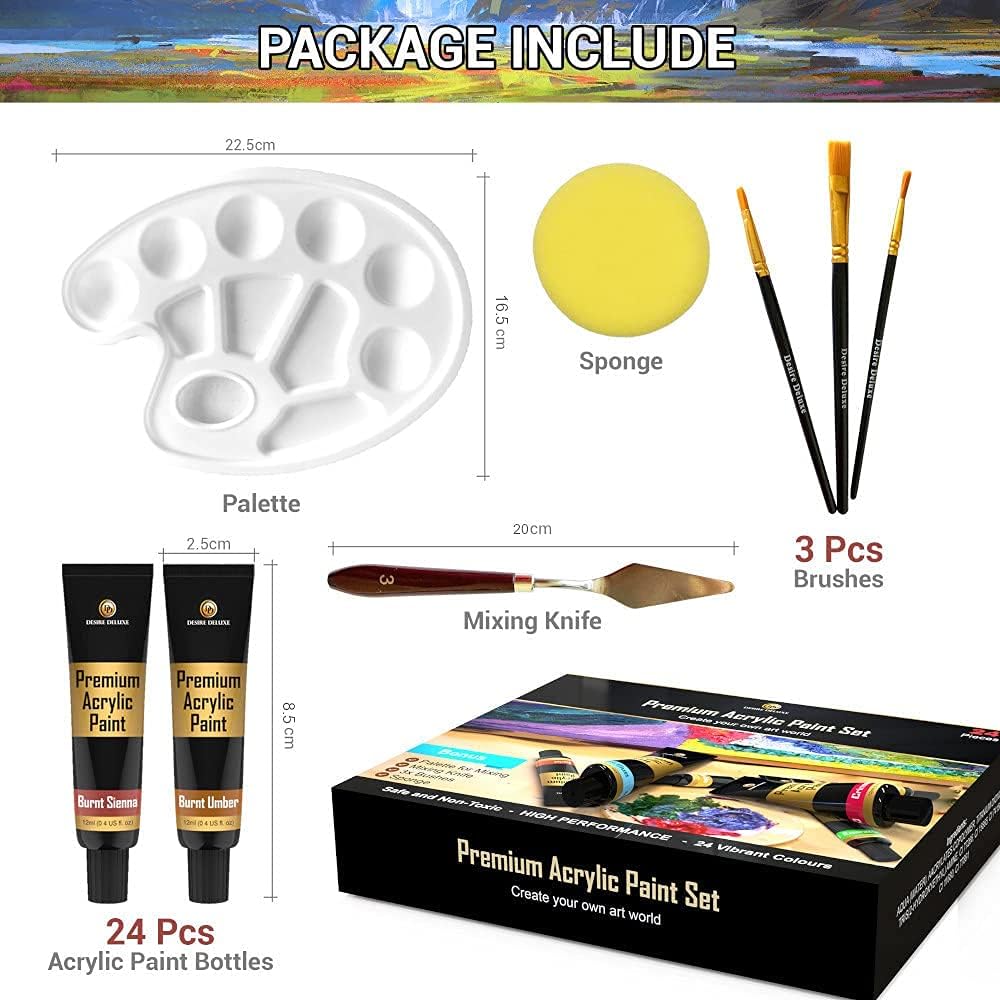 Desire Deluxe Conjunto de tinta acrílica, material escolar para artistas – Kit de artesanato de 30 peças para pedra, madeira, cerâmica, tela, papel e tecido – Inclui faca de mistura, esponja, paleta e pincéis premium de 3 tamanhos