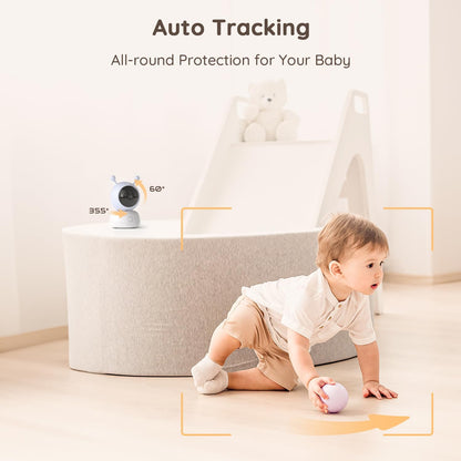 BOIFUN Câmera de vídeo 2K Wifi para monitor de bebê, aplicativo e controle de tela de 5 '', detecção de movimento e choro, PTZ, rastreamento automático, visão noturna, área de alarme, sensor de temperatura e umidade, conversa