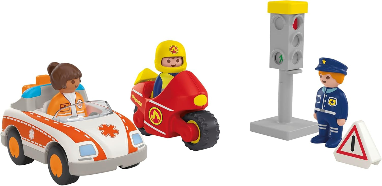 PLAYMOBIL 71692 JUNIOR: Everyday Heroes, including woman doctor, firefighter, and police officer, sustainable toy made from plant-based plastics, gifting toy