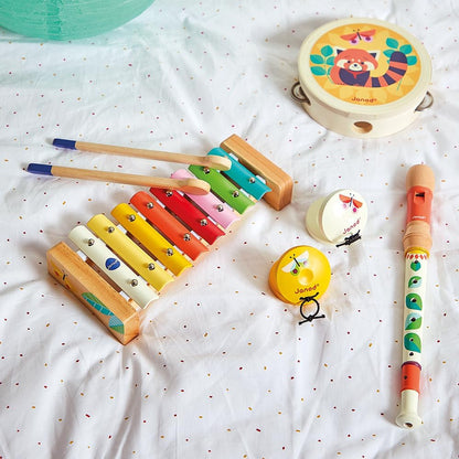 Janod - Conjunto Musical Gioia - 4 Instrumentos Musicais Infantis - Finja Brincar de Brinquedos de Despertar Musical - Jogo de Madeira FSC - Tinta à Base de Água - 18 Meses +,