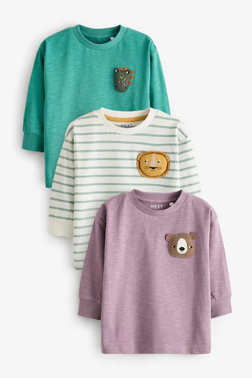 |Boy| Camisetas De ersonagens Com Estampa Animal De Manga Comprida 100% Algodão, Pacote Com 3 - Verde/Roxo (3 meses a 7 anos)