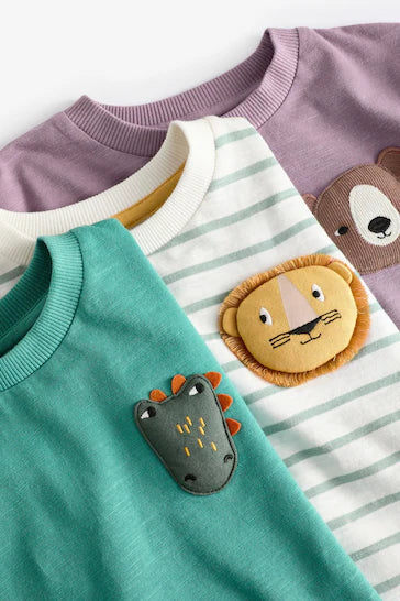 |Boy| Camisetas De ersonagens Com Estampa Animal De Manga Comprida 100% Algodão, Pacote Com 3 - Verde/Roxo (3 meses a 7 anos)