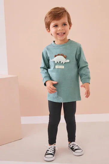 |Niño| Conjunto de top de manga larga y leggings - Dinosaurio Verde (3 meses a 7 años)