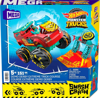 MEGA Hot Wheels Monster Trucks Building Toy, Demo Derby Extreme Trick Course com 151 peças, 1 Micro Action Figure Driver, Vermelho, Crianças de 5 anos ou mais