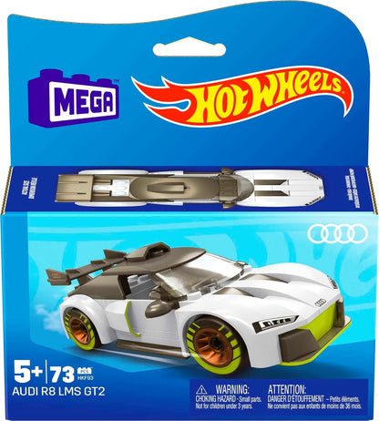 Conjunto de carro de corrida de brinquedo de construção MEGA Hot Wheels, Audi R8 LMS GT2 com 73 peças, 1 micro figura de ação motorista, branco, ideias de presentes para crianças de 5 anos ou mais, HKF93