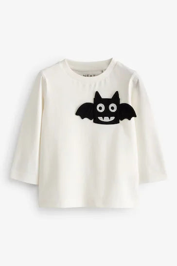 |Niño| Camiseta Halloween Manga Larga 100% Algodón - Murciélago Blanco (3 meses a 7 años)