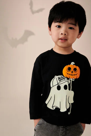 |Niño| Camiseta Halloween Manga Larga 100% Algodón – Fantasma Negro (3 meses a 7 años)