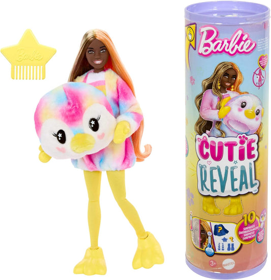 Muñeca Barbie Cutie Reveal y accesorios con disfraz de pingüino de peluche teñido y 10 sorpresas que incluyen cambio de color, serie Color Dream, HRK40