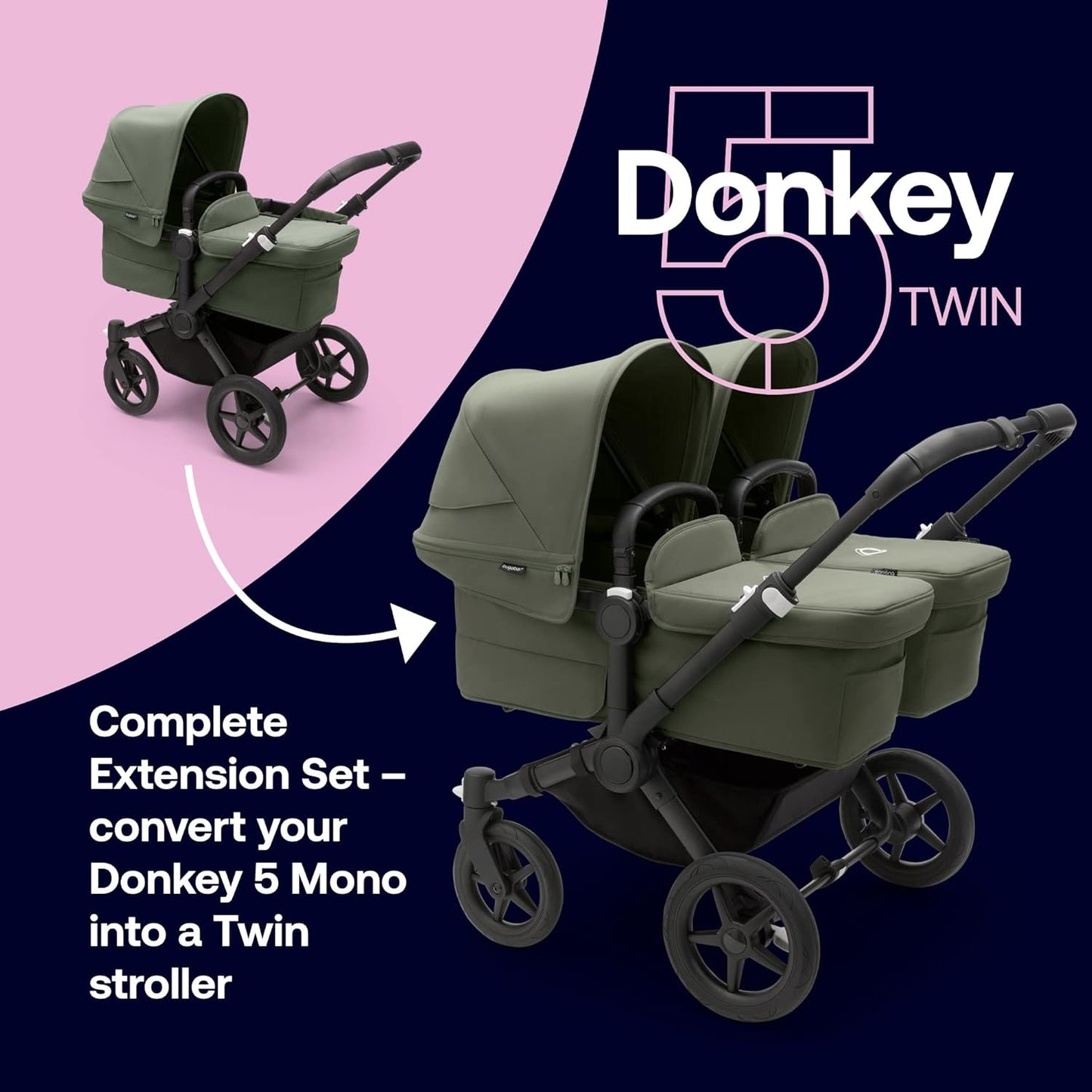 Conjunto de extensão Twin Bugaboo Donkey 5, converte seu Donkey 5 Mono em um carrinho duplo, lado a lado, design aprimorado, assento reversível e direção com uma mão, Forest Green