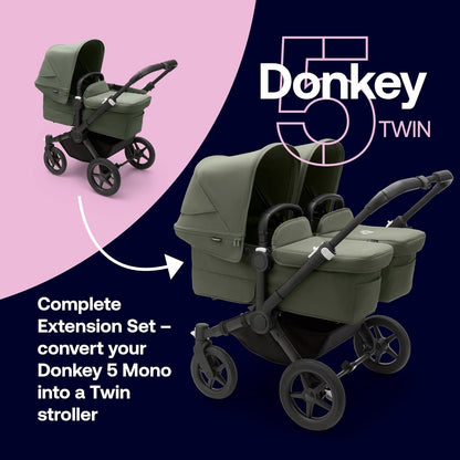 Conjunto de extensão Twin Bugaboo Donkey 5, converte seu Donkey 5 Mono em um carrinho duplo, lado a lado, design aprimorado, assento reversível e direção com uma mão, Forest Green