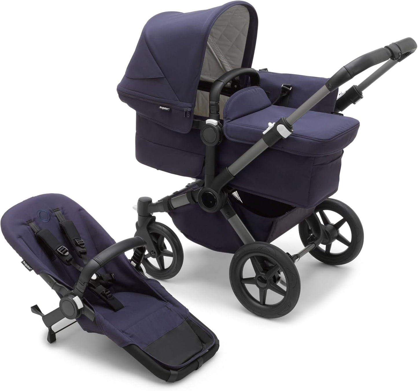 Bugaboo Donkey 5 Mono, conversível em carrinho duplo lado a lado, design aprimorado, assento reversível, direção com uma mão e cesta lateral, coleção clássica Dark Navy