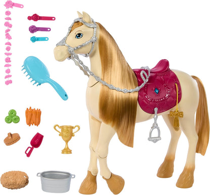 Barbie Cavalo de brinquedo com sons, música e acessórios, inspirado em Barbie The Great Horse Chase, cavalo se move, dança e pisca os olhos, HXJ42