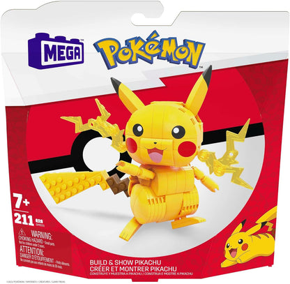 MEGA Conjunto de brinquedos de construção Pokémon Build & Show Pikachu com 211 peças, articulado e articulado, 10 cm de altura, para crianças, GMD31