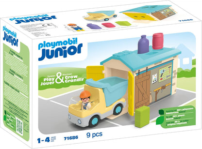 Playmobil 71686 JUNIOR: Caminhão com garagem de classificação, brinquedo educativo, feito com mais de 90% de plástico à base de plantas, dramatização divertida e imaginativa, conjunto de brinquedos adequado para crianças de 1 ano ou mais