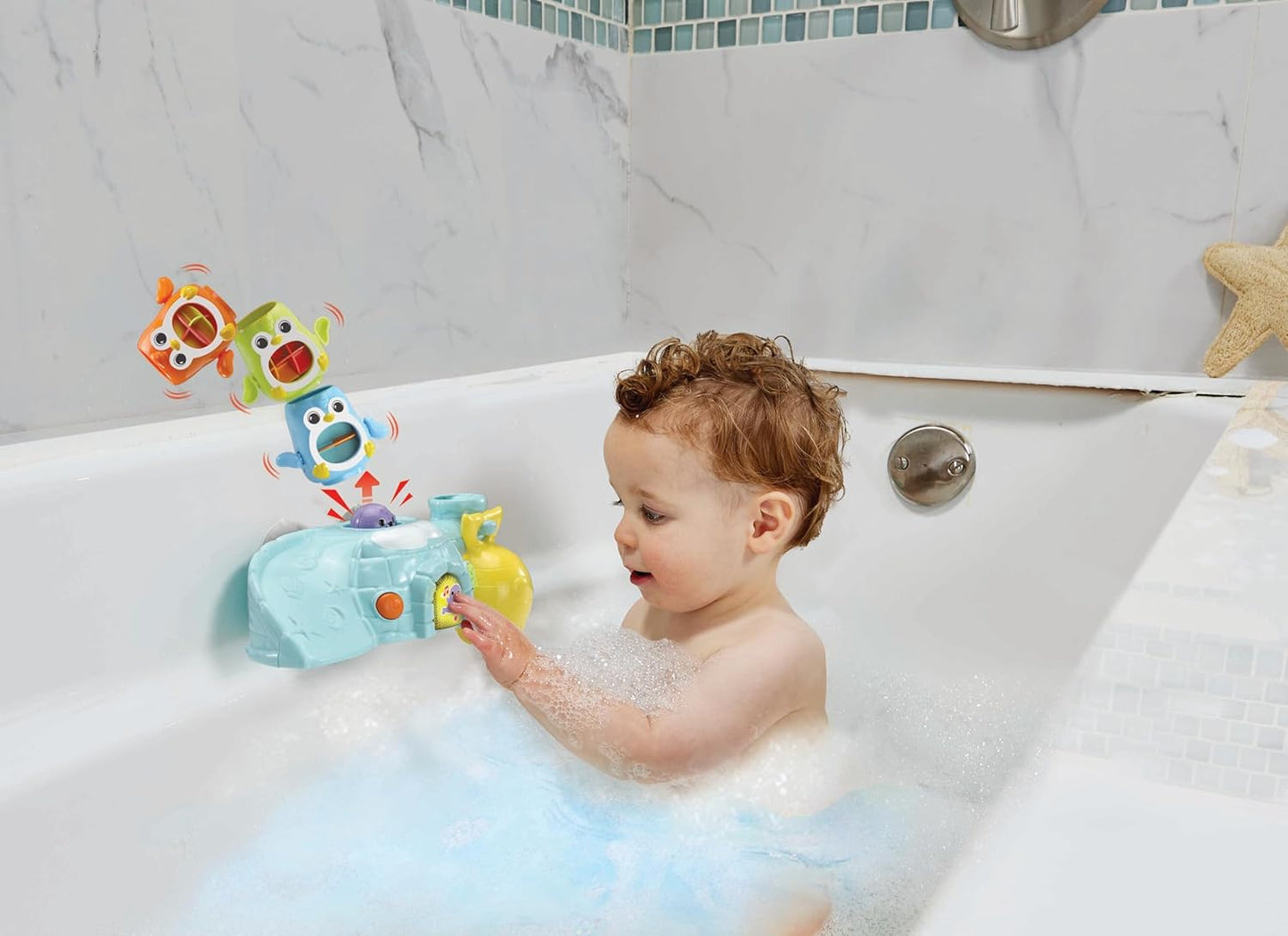 VTech Stack and Slide Penguin Pals, Juguete de baño interactivo apilable para juego sensorial, 3 pingüinos apilables, canciones, frases y melodías, regalo para niños de 12, 18, 24 meses en adelante, versión en inglés