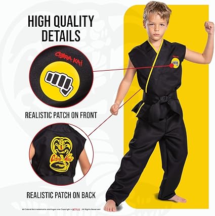 DISGUISE Fantasia oficial premium cobra kai infantil, fantasia de karatê infantil, roupa de karatê fantasia para crianças fantasias para meninos m