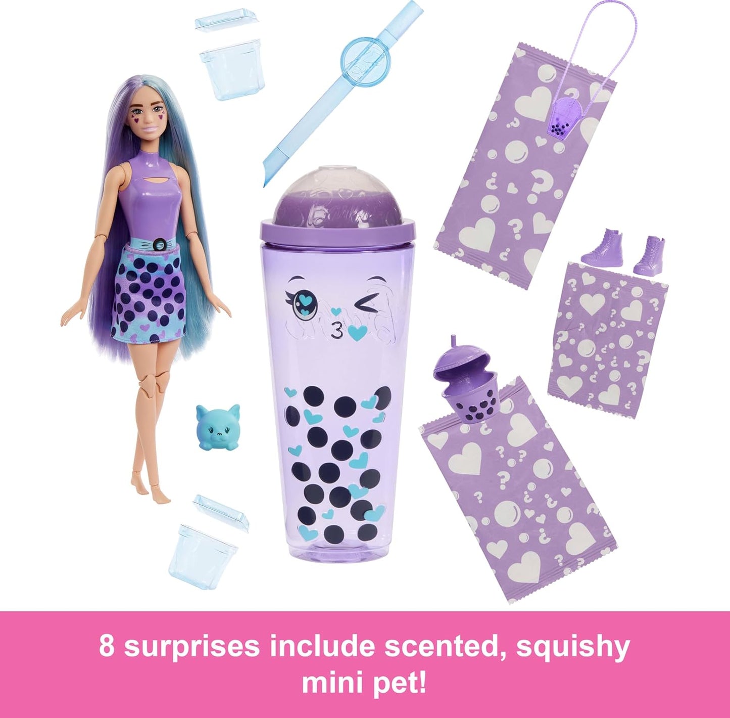 Barbie Boneca Pop Reveal Bubble Tea Series e acessórios com boneca fashion e animal de estimação, 8 surpresas incluem mudança de cor, copo com armazenamento (os estilos podem variar), HTJ19