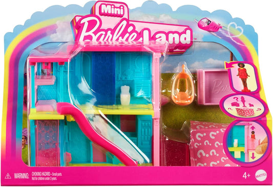 Barbie Mini BarbieLand Juegos de casa de muñecas, Mini Dreamhouse con muñeca Barbie sorpresa de 1,5 pulgadas, muebles y accesorios, además de ascensor y piscina, a partir de 4 años, HYF46