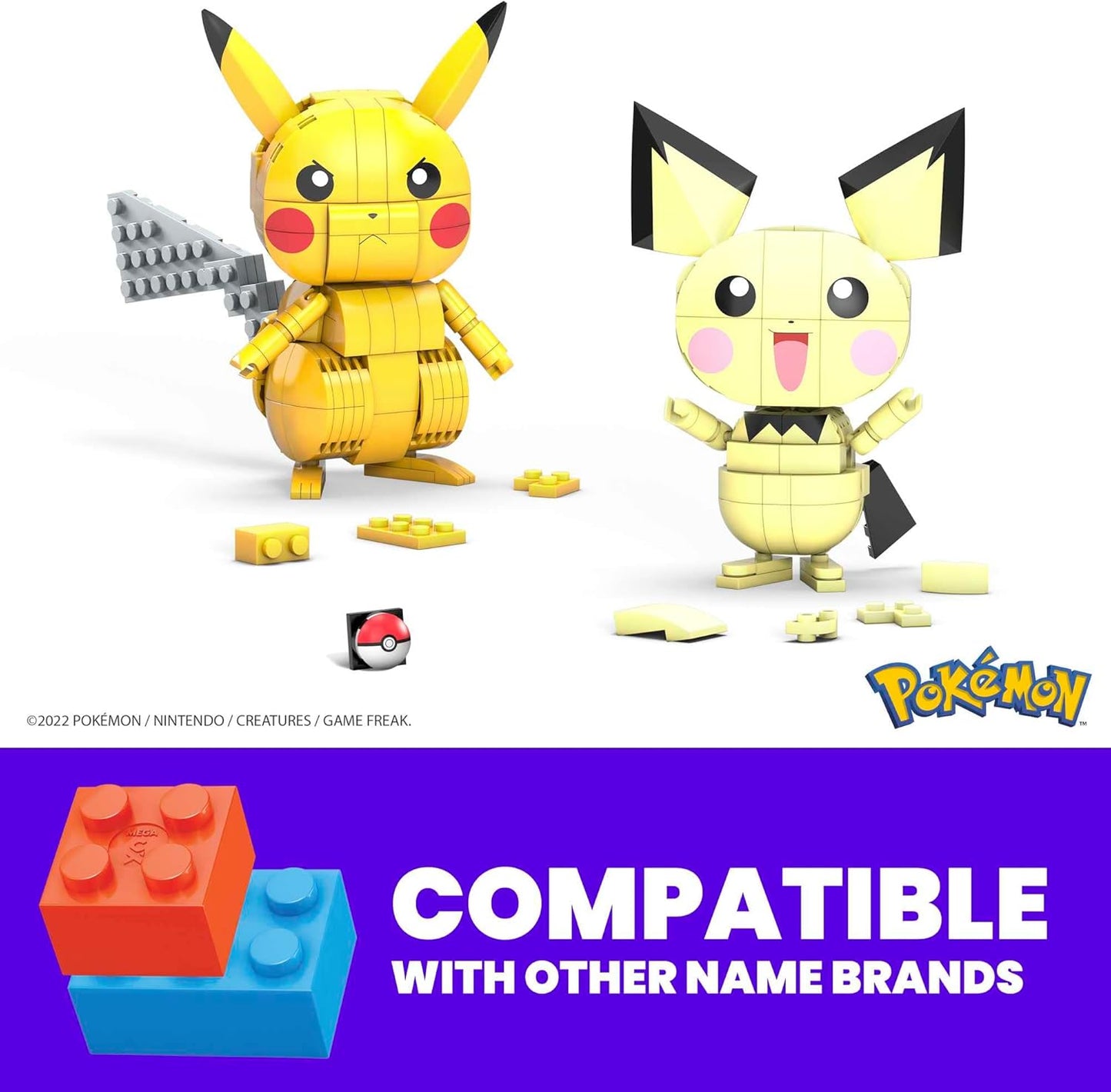 MEGA Conjunto de construção de brinquedos de figuras de ação Pokémon, Pikachu de 4 polegadas, Raichu e Pichu Build n Show Pikachu Evolution Trio com Poke Ball Pin