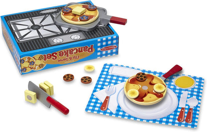 Melissa &amp; Doug Flip and Serve Pancake Set (19 piezas) - Comida de madera para desayuno, color marrón