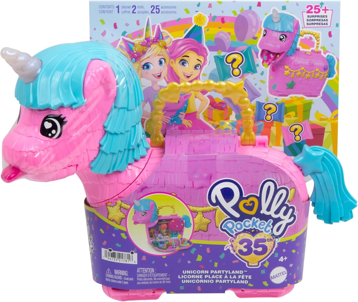 Polly Pocket Dolls e Playset com animais de estimação e mais de 25 acessórios surpresa, celebração de aniversário Unicorn Partyland Playset, passeio de balão de ar quente, HYD96