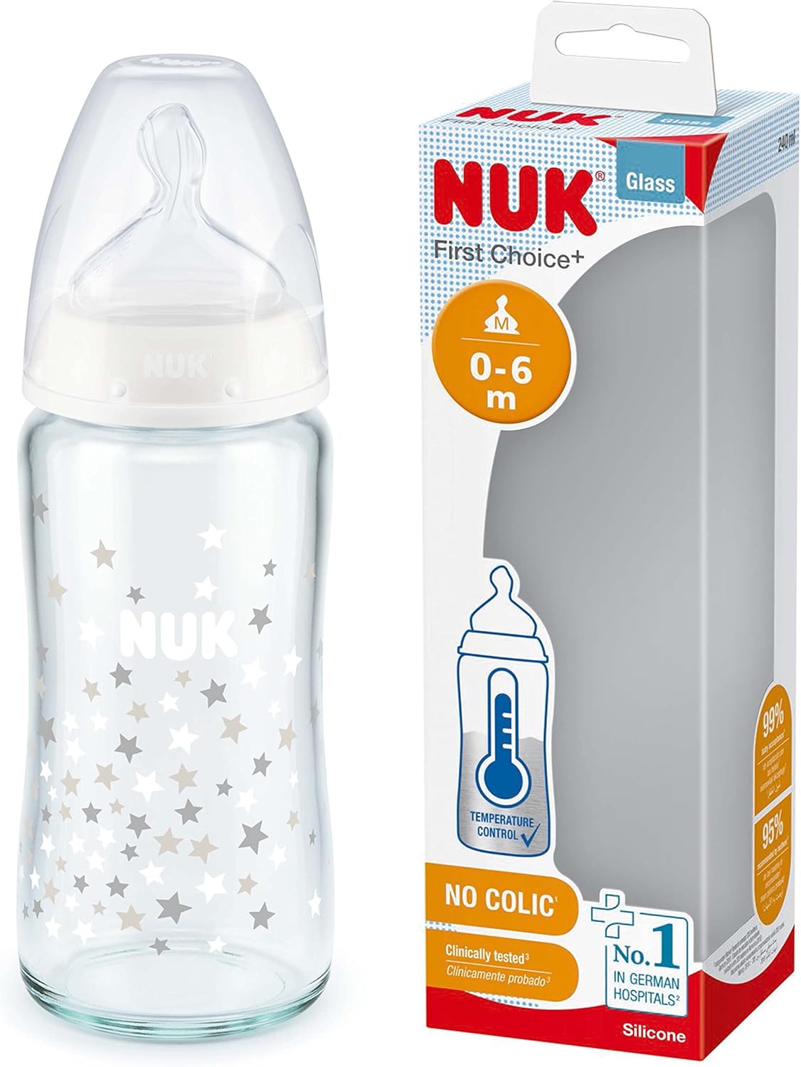 NUK Mamadeira de vidro First Choice+ | 0-6 meses | Controle de temperatura | bico de silicone | Válvula anticólica 240ml