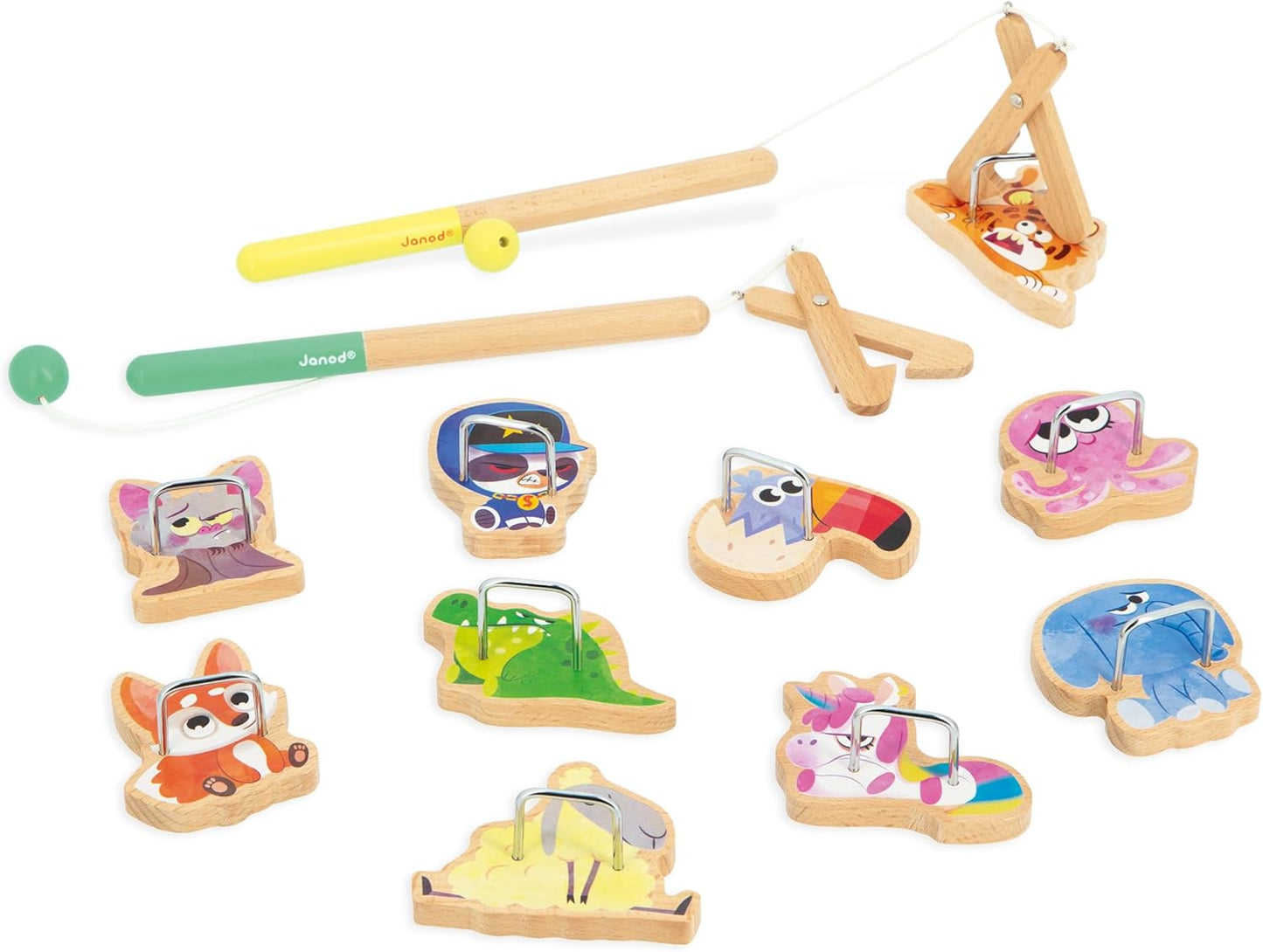 Janod - Juego de Garras Applepop - Juego de Habilidad Infantil - 2 Garras + 10 Animales + 1 Bolsa - Desarrolla Destreza y Concentración - Juguete de Madera FSC - A partir de 3 años,