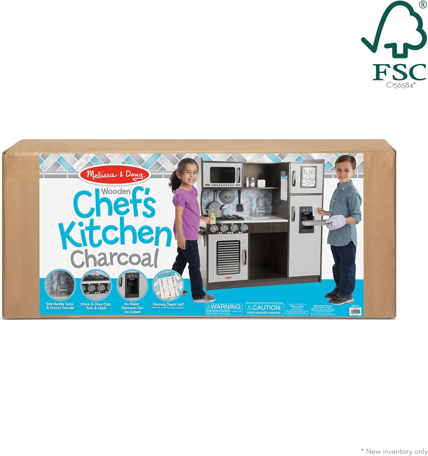 Melissa & Doug Cozinha de simulação de madeira para crianças da Chef com dispensador de cubos de “gelo” - cinza carvão - conjunto de brincadeiras de cozinha infantil, cozinha infantil para crianças