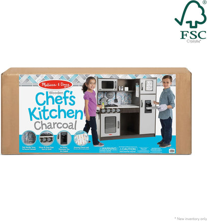 Melissa & Doug Cozinha de simulação de madeira para crianças da Chef com dispensador de cubos de “gelo” - cinza carvão - conjunto de brincadeiras de cozinha infantil, cozinha infantil para crianças