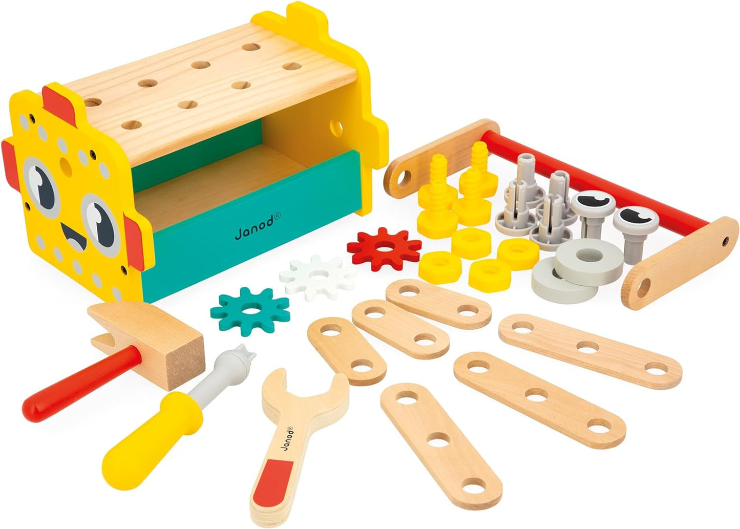 Janod Brico'Kids Robot Toolbox - Juego de bricolaje para niños - 25 accesorios + 3 herramientas - Juguete de simulación - Desarrolla la motricidad fina - 36 meses +, J06455, Multicolor